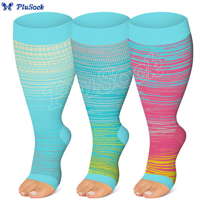 Plus Size Color Stripes Open Toe Compression Socks(3 Pairs)