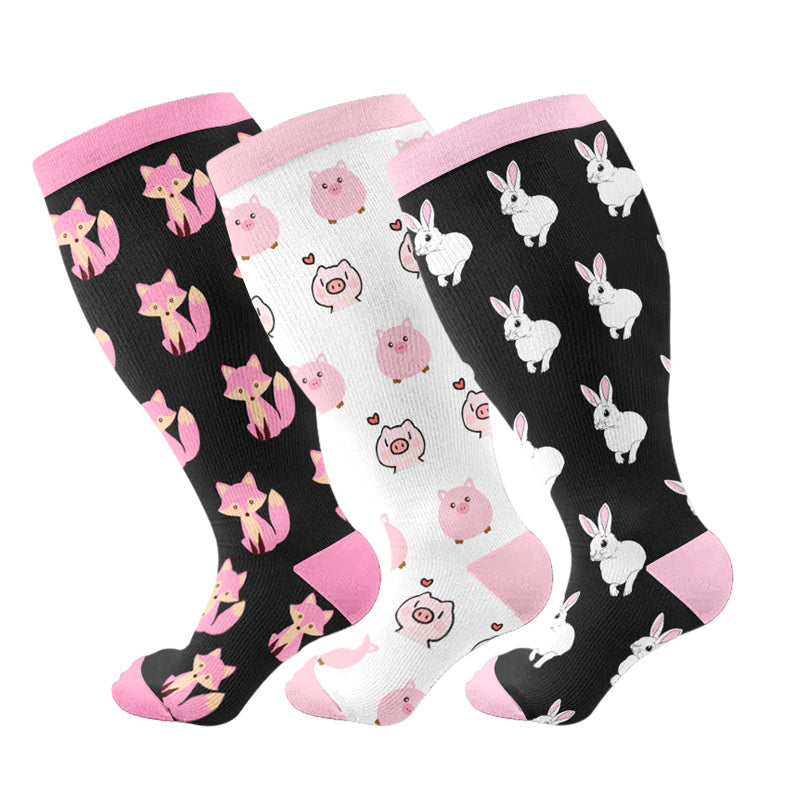 Plus Size Cute Fox Pig Compression Socks(3 Pairs)