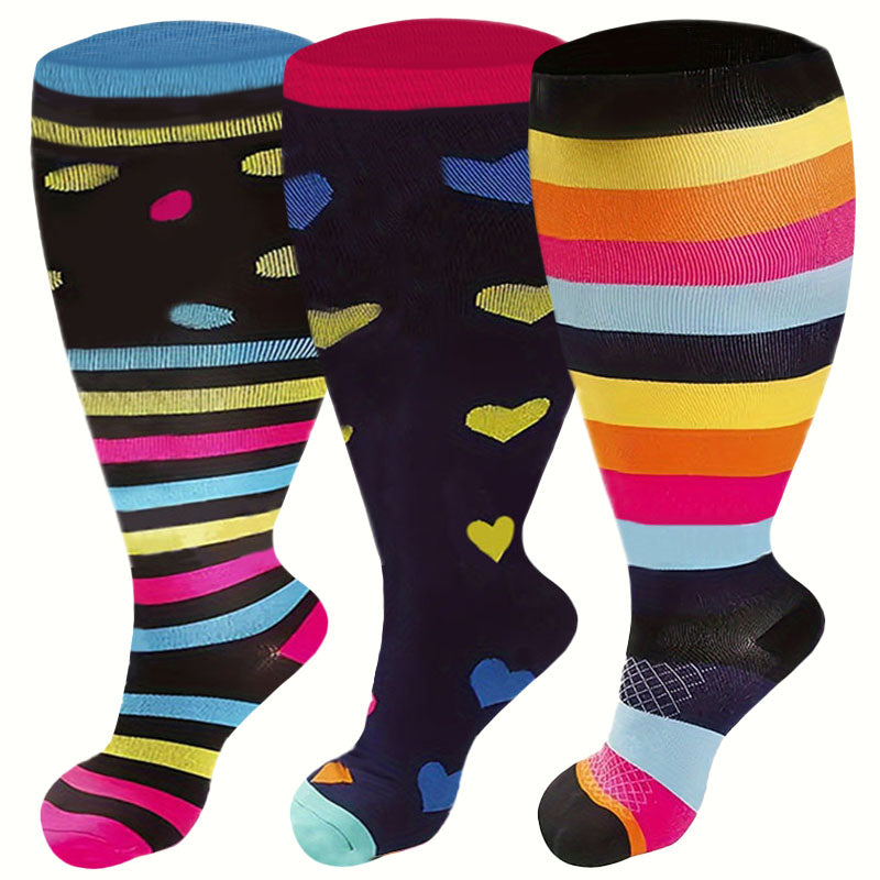 Plus Size Polka Dot Stripes Compression Socks(3 Pairs)