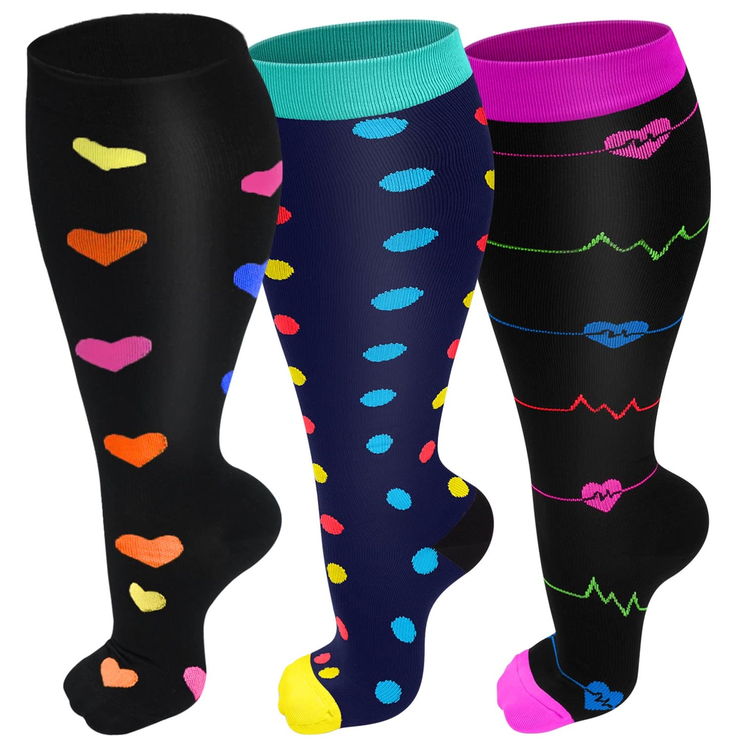 2XL-7XL Colorful Pattern Plus Size Compression Socks(3 Pairs)