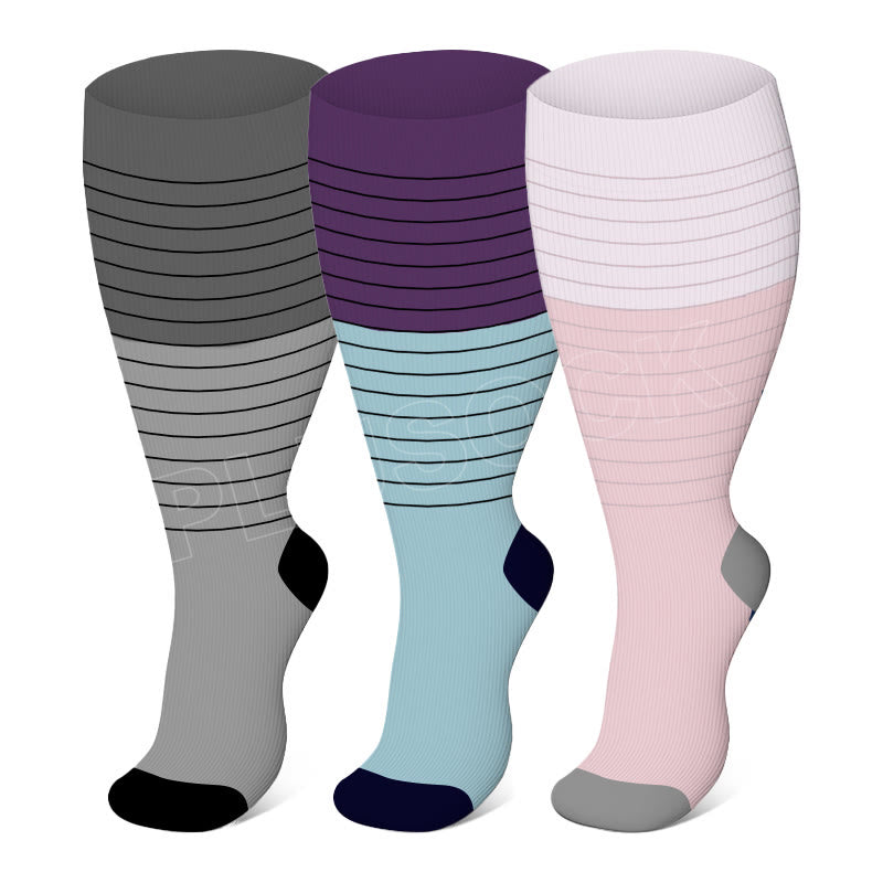 Plus Size Color Block Striped Compression Socks(3 Pairs)