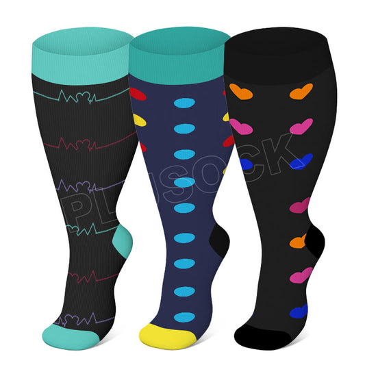 Blue Dot Heart Plus Size Compression Socks(3 Pairs)