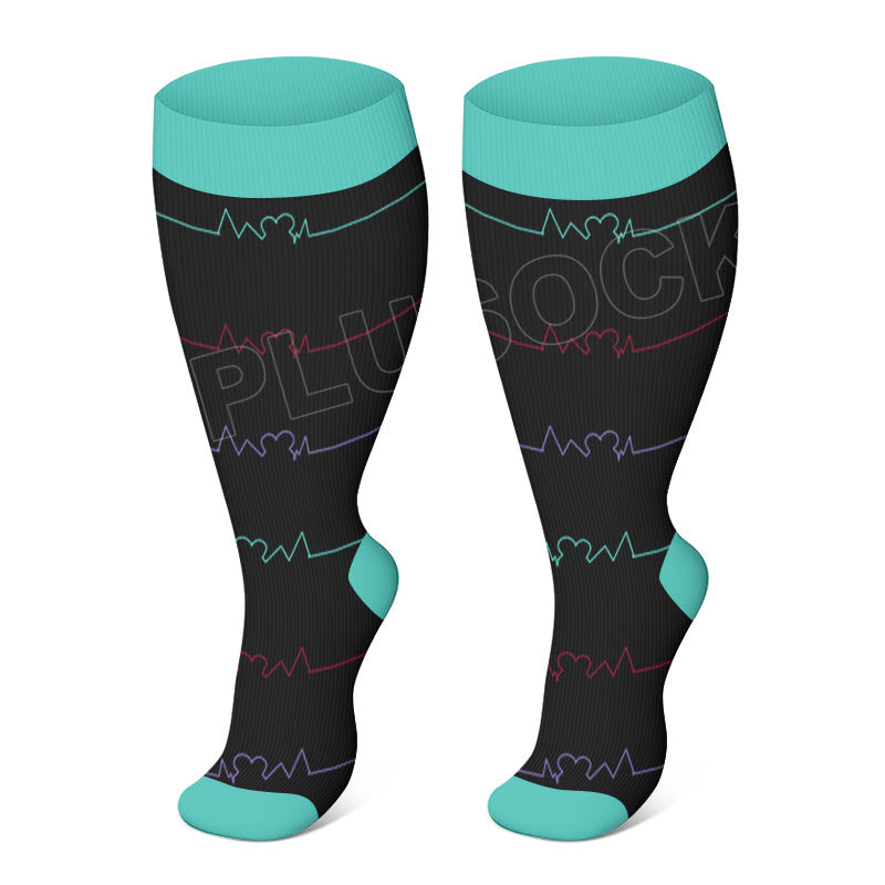 Blue Electrocardiogram Black Heart Plus Size Compression Socks(3 Pairs)