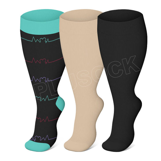 Blue Electrocardiogram Solid Plus Size Compression Socks(3 Pairs)