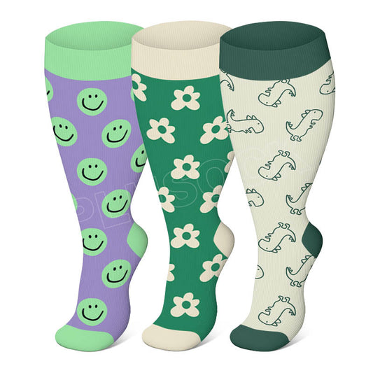 Plus Size Smiley Dinosaur Flower Compression Socks