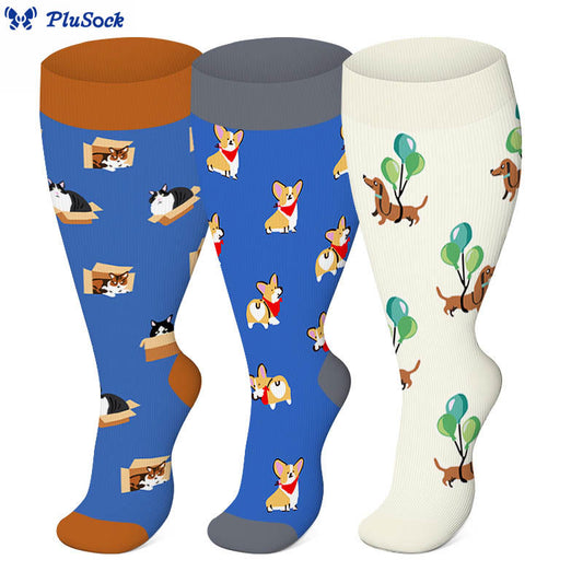 Plus Size Cute Dog Cat Compression Socks(3 Pairs)