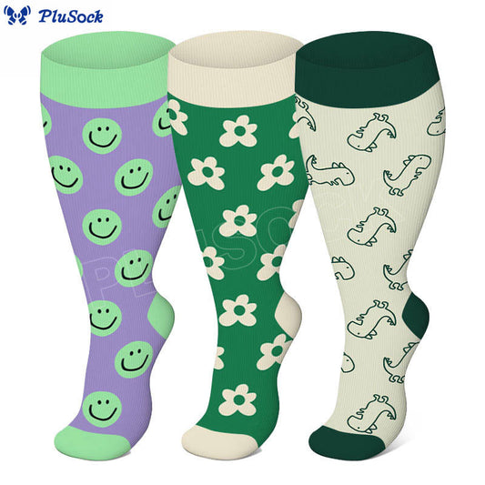 Plus Size Smiley Dinosaur Flower Compression Socks(3 Pairs)