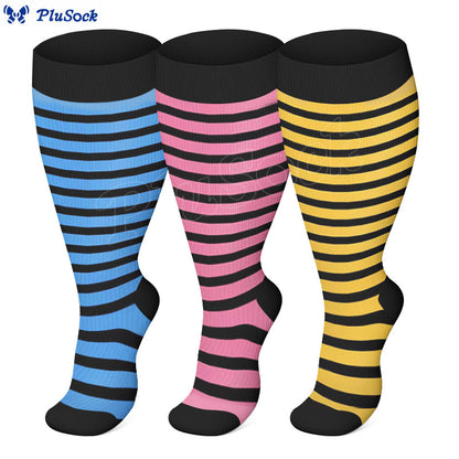 Plus Size Pink Blue Yellow Strieps Compression Socks(3 Pairs)