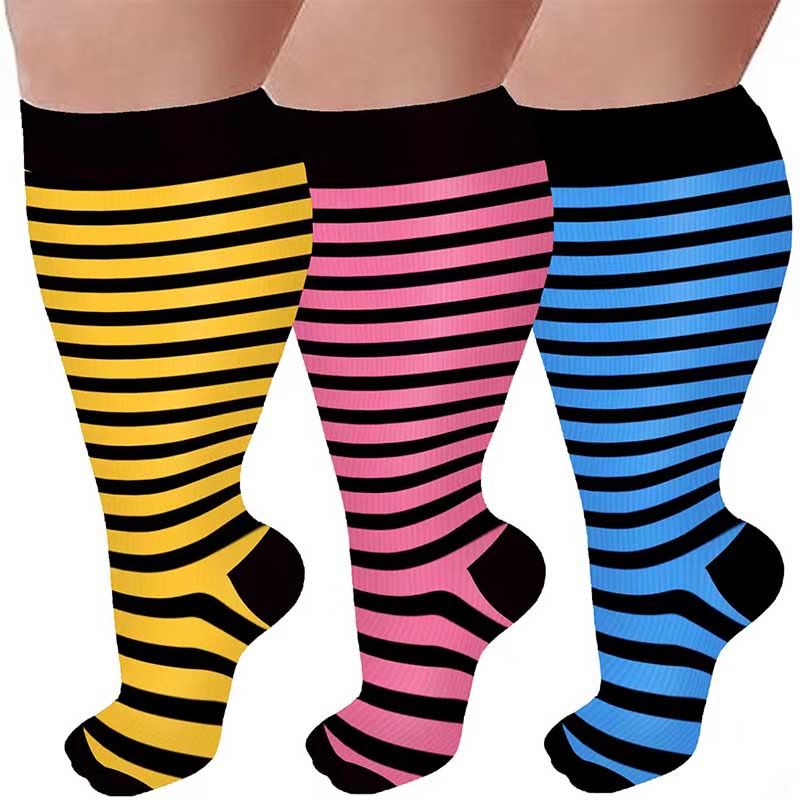 Plus Size Pink Blue Yellow Strieps Compression Socks