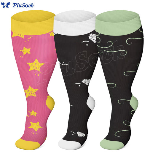 Plus Size Star Heart Strieps Compression Socks(3 Pairs)