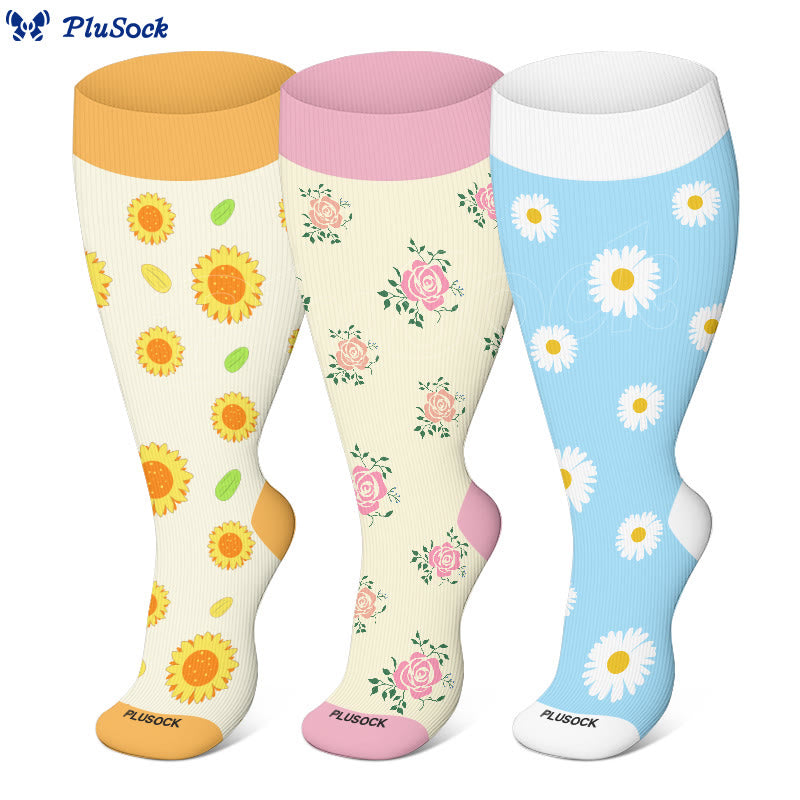 Plus Size Sunflower Rose Daisy Compression Socks(3 Pairs)