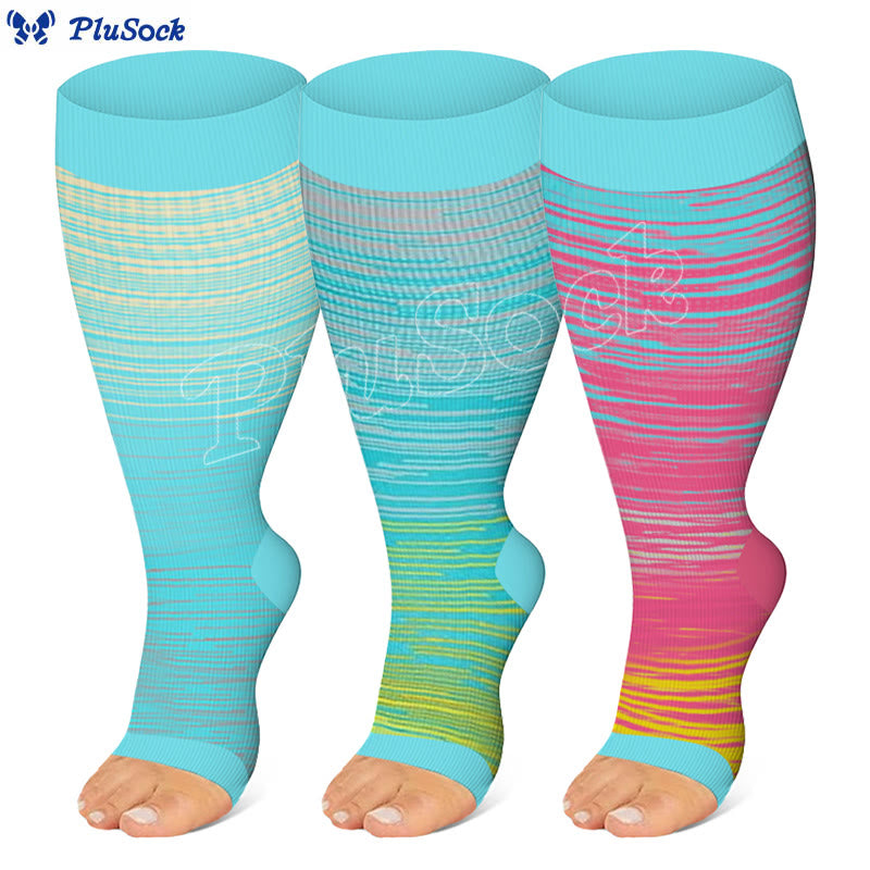 Plus Size Color Stripes Open Toe Compression Socks(3 Pairs)