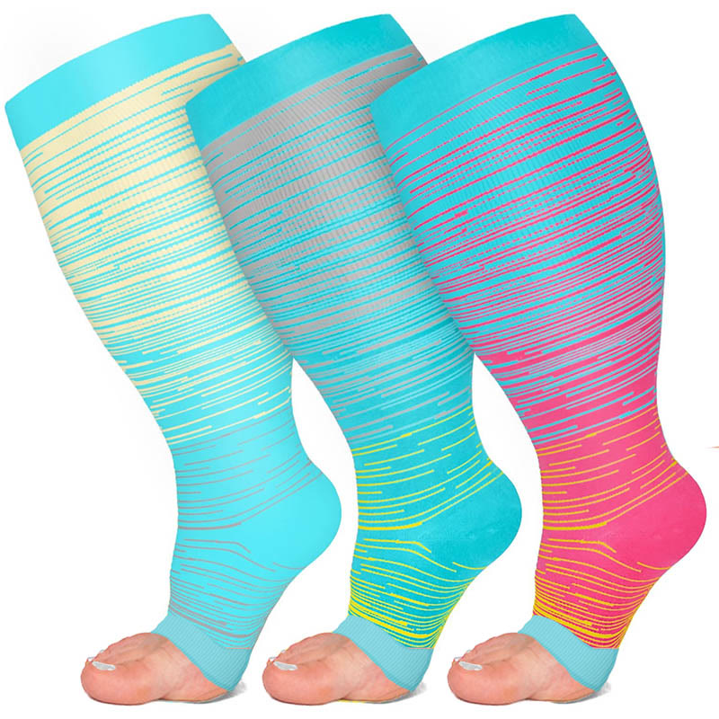 Plus Size Color Stripes Open Toe Compression Socks(3 Pairs)