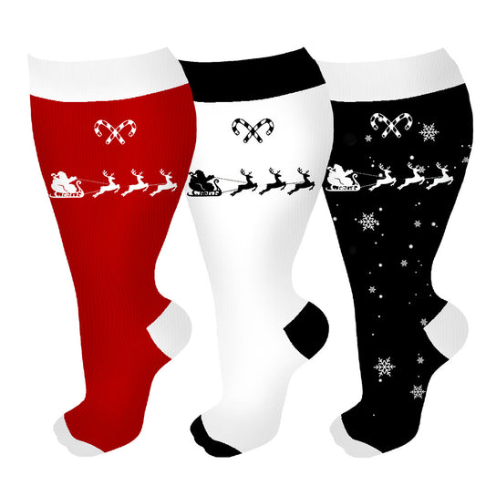 Plus Size Candy Cane Elk Compression Socks(3 Pairs)