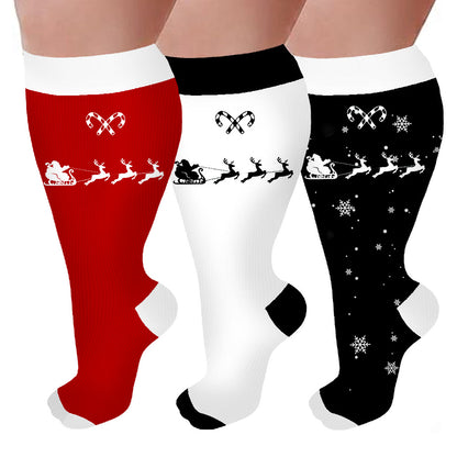 Plus Size Candy Cane Elk Compression Socks(3 Pairs)