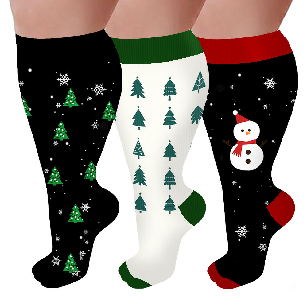 Plus Size Christmas Tree Snowman Compression Socks