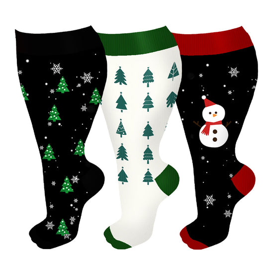 Plus Size Christmas Tree Snowman Compression Socks(3 Pairs)