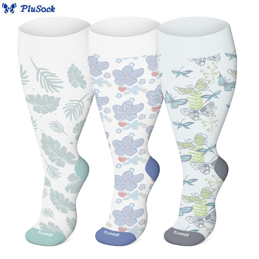 Plus Size Flowers Leaves Butterflies Compression Socks(3 Pairs)