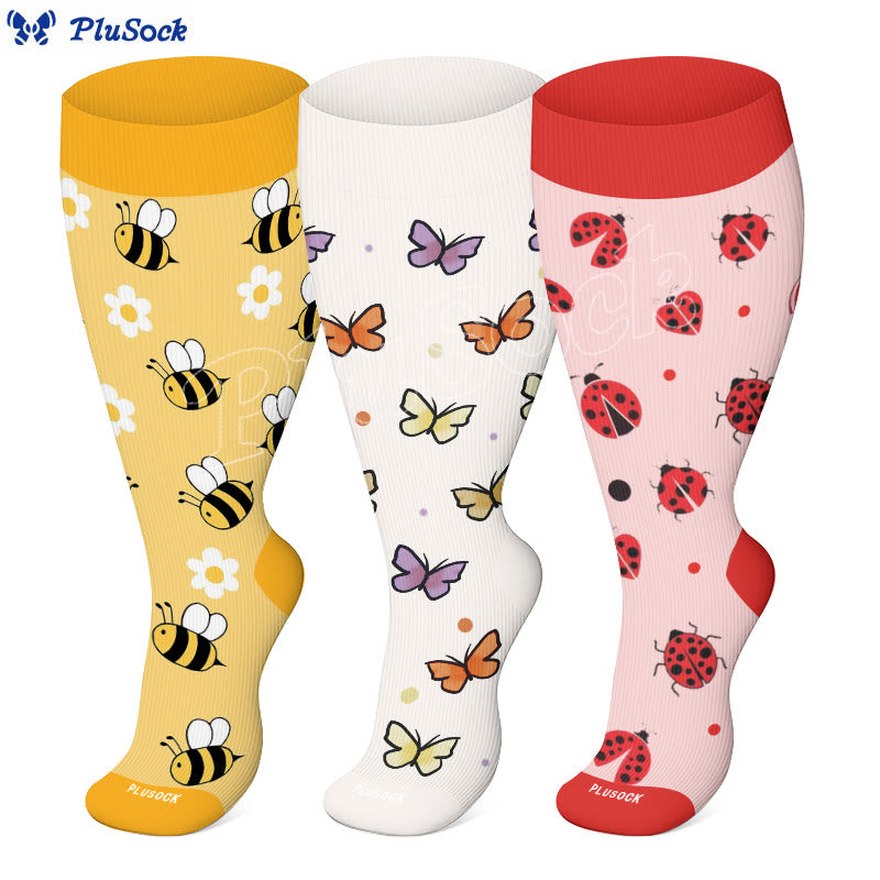 Plus Size Bees Butterflies Ladybugs Compression Socks(3 Pairs)