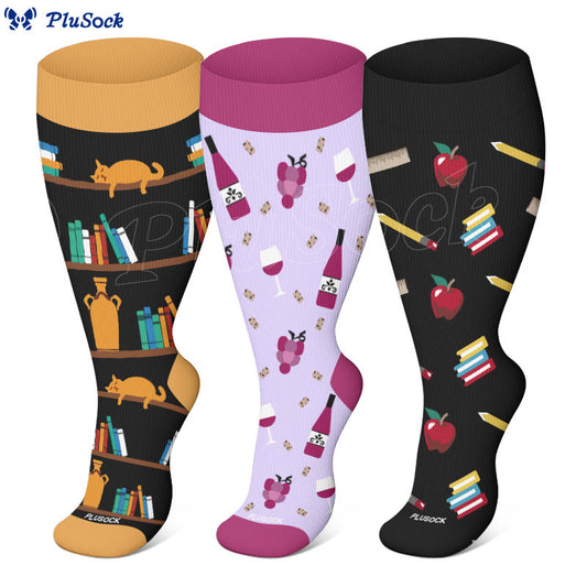 Plus Size Cat Red Wine Apple Compression Socks(3 Pairs)