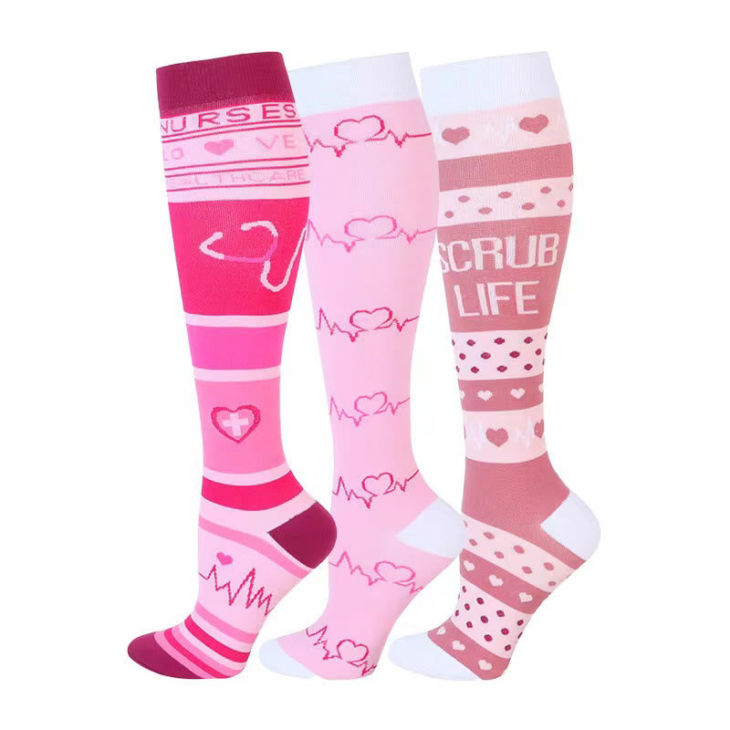 Pink ECG Heart Compression Socks(3 Pairs)