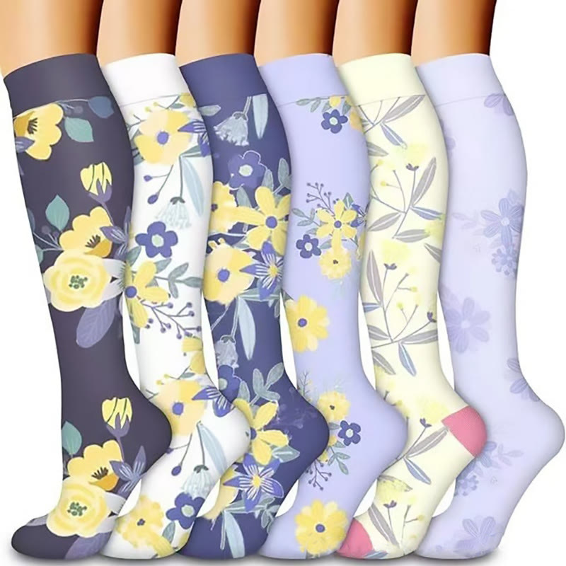 Purple Yellow Flowers Compression Socks(6 Pairs)