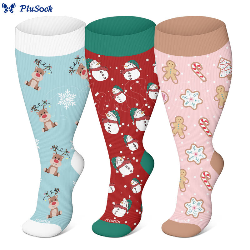 Plus Size Snowman Elk Gingerbread Man Compression Socks(3 Pairs)