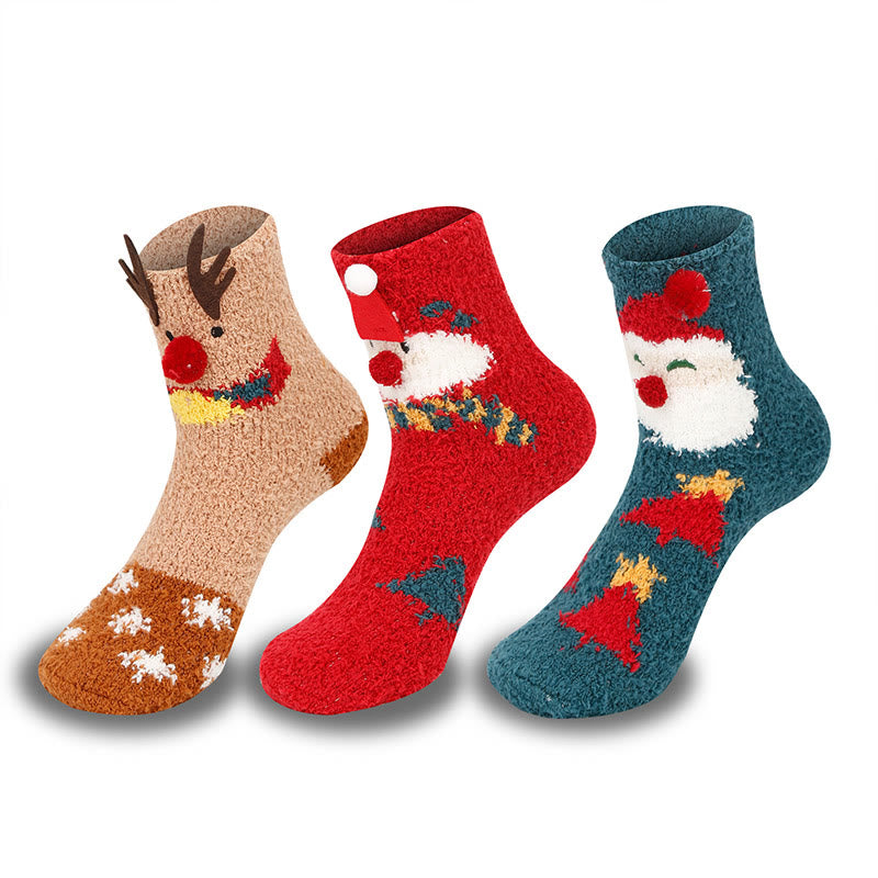 Plus Size Christmas Warm Coral Fleece Quarter Socks(3 Pairs)