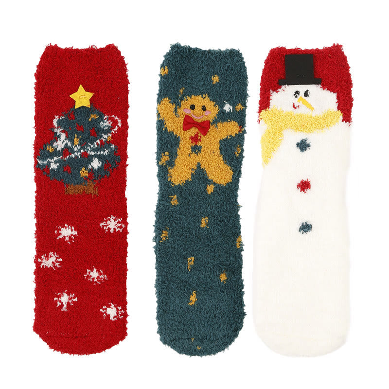 Plus Size Christmas Warm Coral Fleece Quarter Socks(3 Pairs)