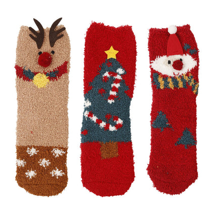 Plus Size Christmas Warm Coral Fleece Quarter Socks(3 Pairs)