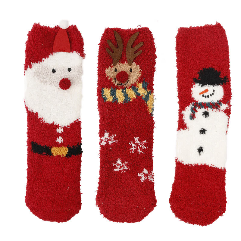 Plus Size Christmas Warm Coral Fleece Quarter Socks(3 Pairs)