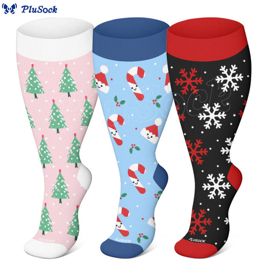 Plus Size Christmas Tree Santa Hat Compression Socks(3 Pairs)