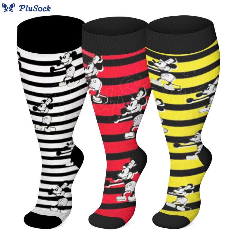 Plus Size Striped Mickey Compression Socks(3 Pairs)