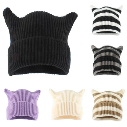 Plus Size Thick Stripes Cat Ears Beanie