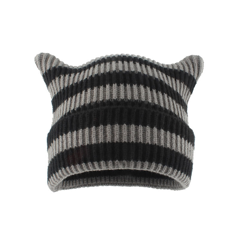 Plus Size Thick Stripes Cat Ears Beanie