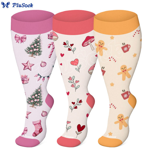 Plus Size Mushroom Heart Compression Socks(3 Pairs)