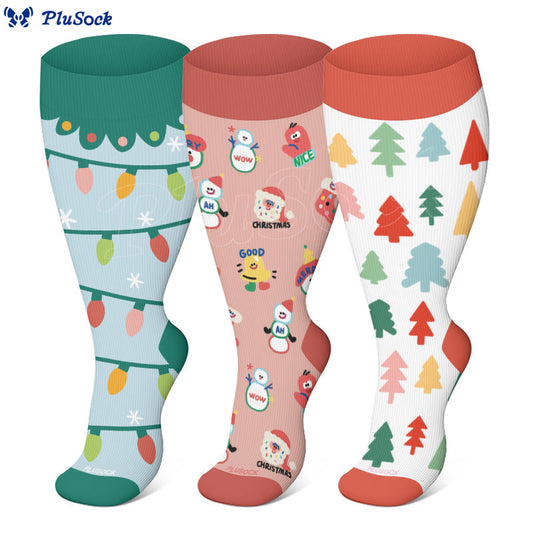 Plus Size Lanterns Christmas Tree Compression Socks(3 Pairs)