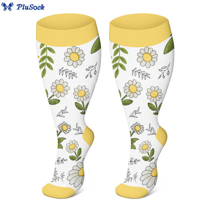 Plus Size Yellow Purple Flower Compression Socks