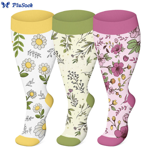 Plus Size Yellow Purple Flower Compression Socks