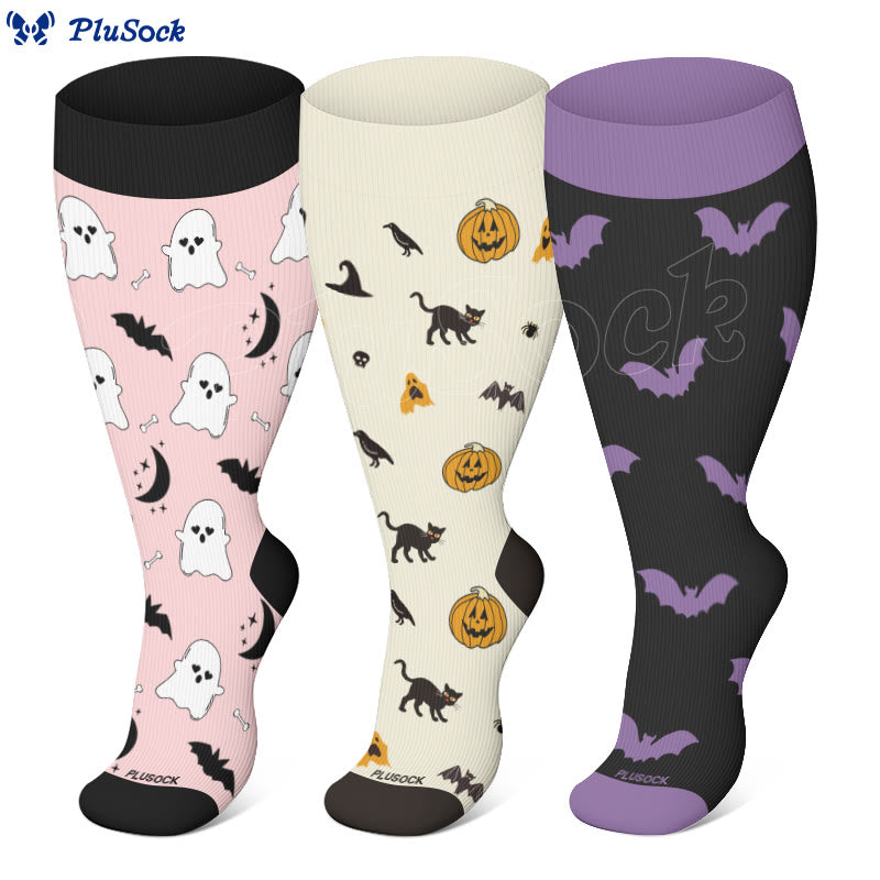 Plus Size Ghost Pumpkin Bat Compression Socks(3 Pairs)