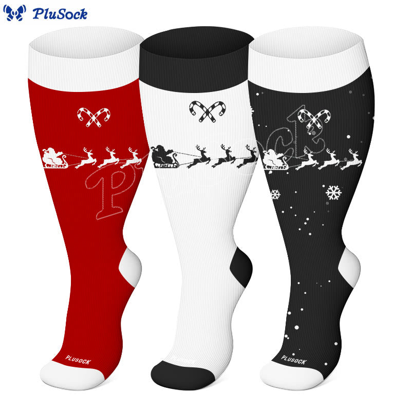 Plus Size Candy Cane Elk Compression Socks(3 Pairs)