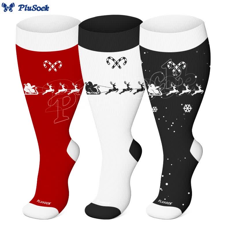 Plus Size Candy Cane Elk Compression Socks