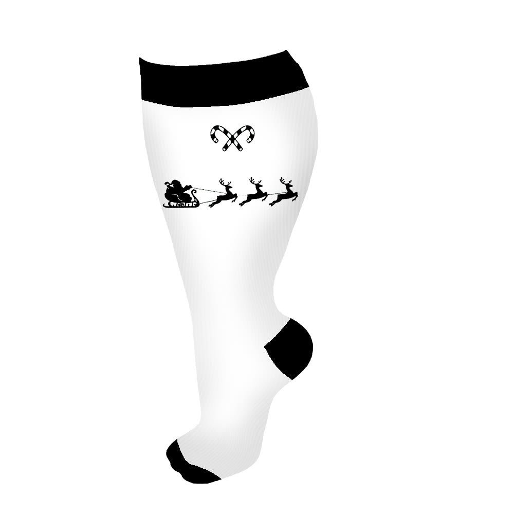 Plus Size Candy Cane Elk Compression Socks(3 Pairs)