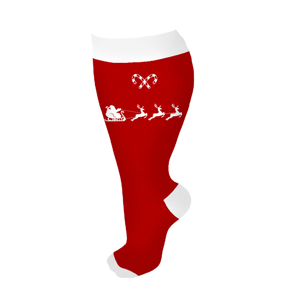 Plus Size Candy Cane Elk Compression Socks(3 Pairs)