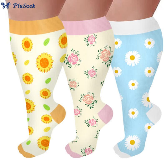 Plus Size Sunflower Rose Daisy Compression Socks(3 Pairs)