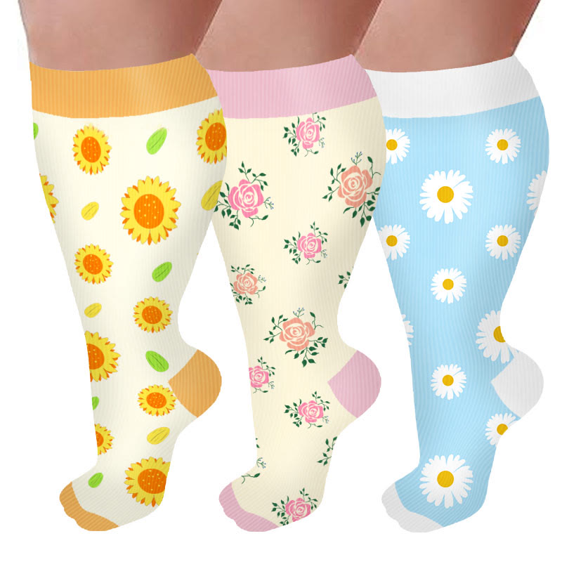 Plus Size Sunflower Rose Daisy Compression Socks(3 Pairs)