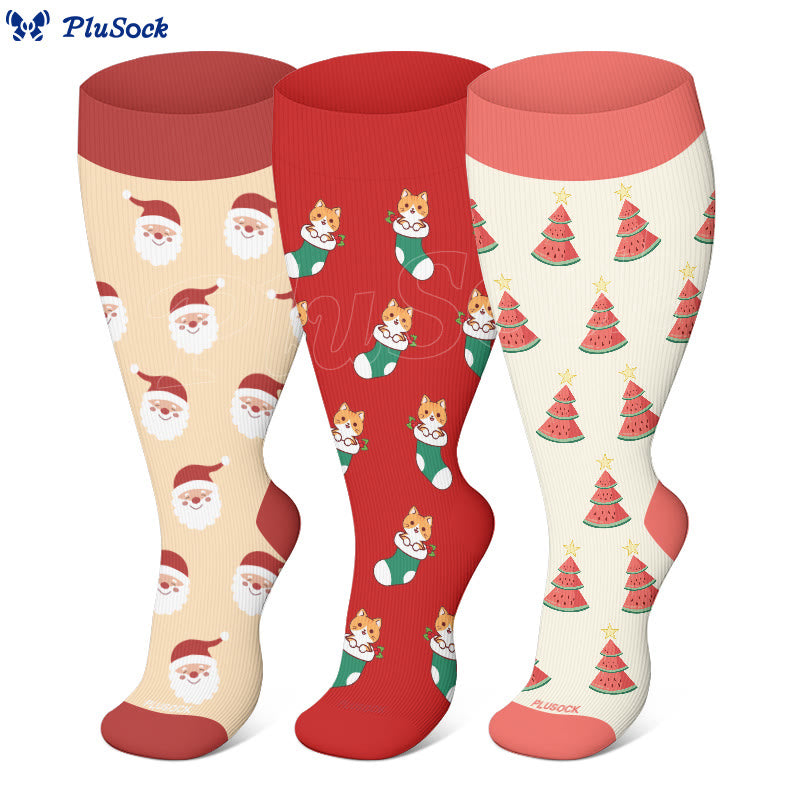 Plus Size Watermelon Christmas Tree Compression Socks(3 Pairs)