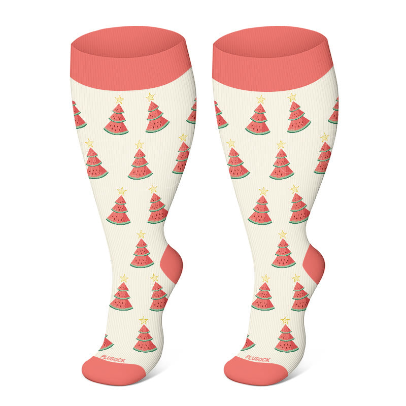 Plus Size Watermelon Christmas Tree Compression Socks(3 Pairs)