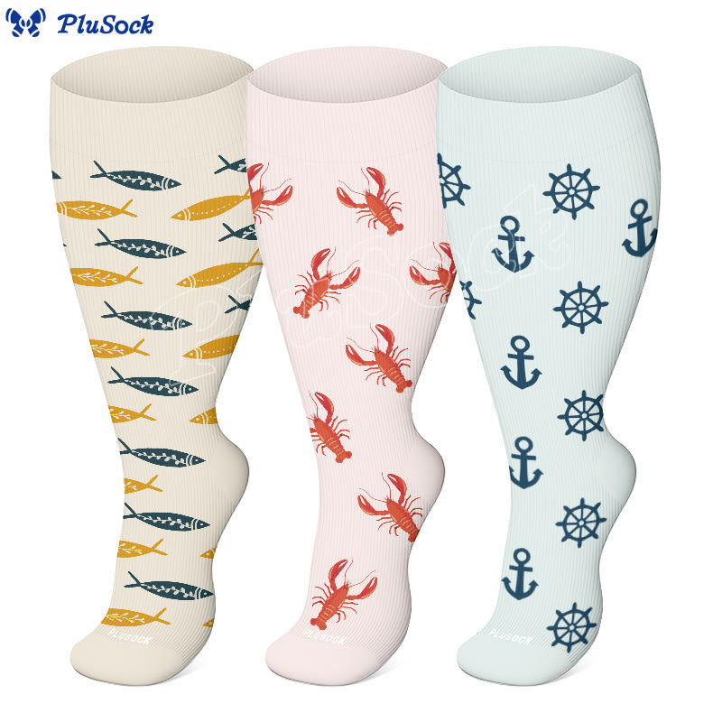 Plus Size Fish Shrimp Anchor Compression Socks(3 Pairs)