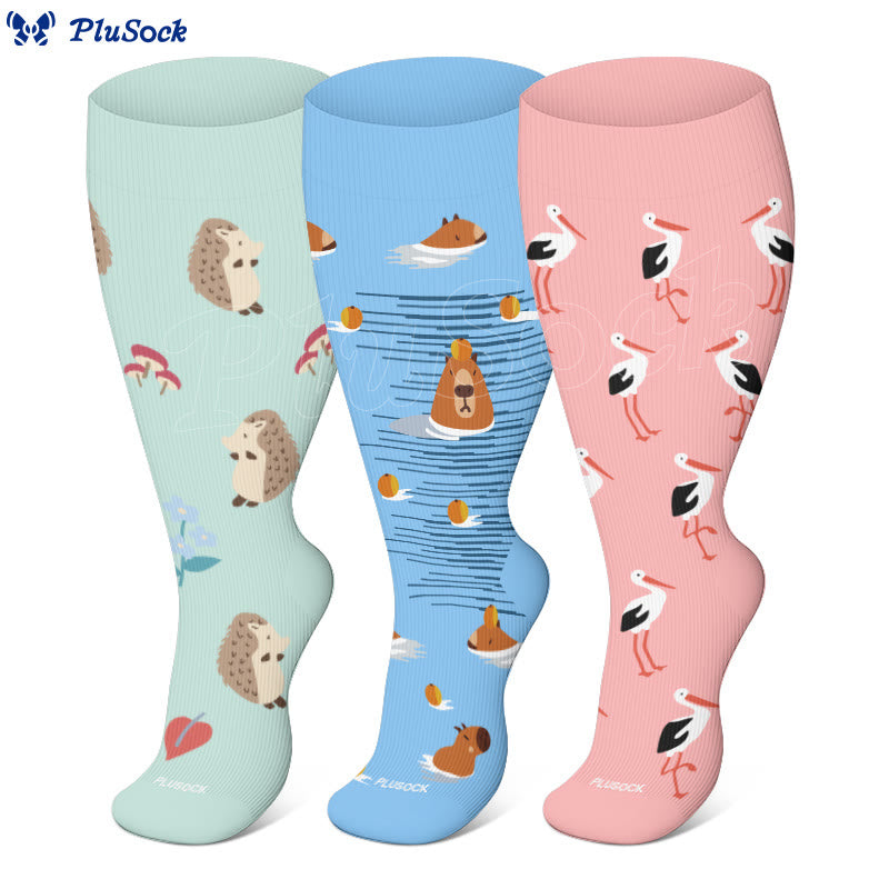 Plus Size Hedgehog Capybara Compression Socks(3 Pairs)